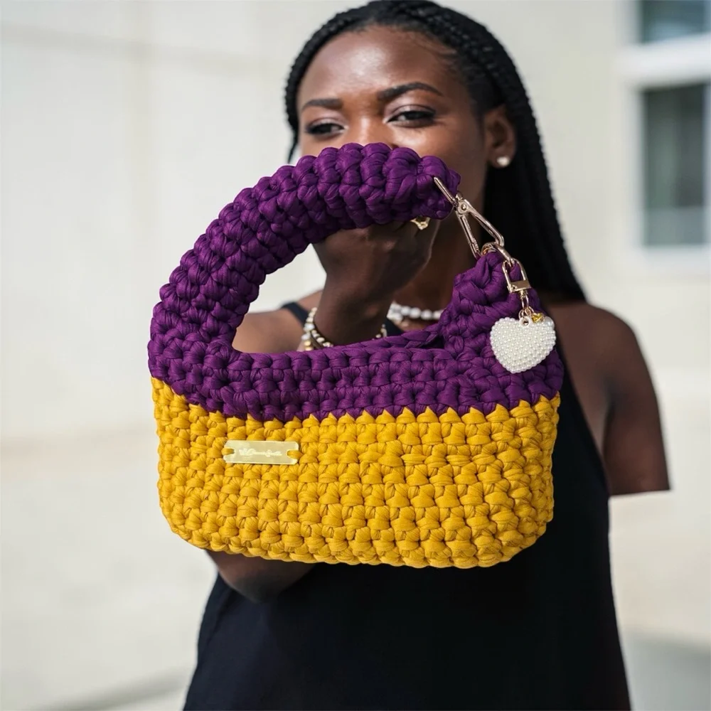 103-Handmade Two-Tone Crochet Bag in Purple and Mustard - Picture 6 of 7